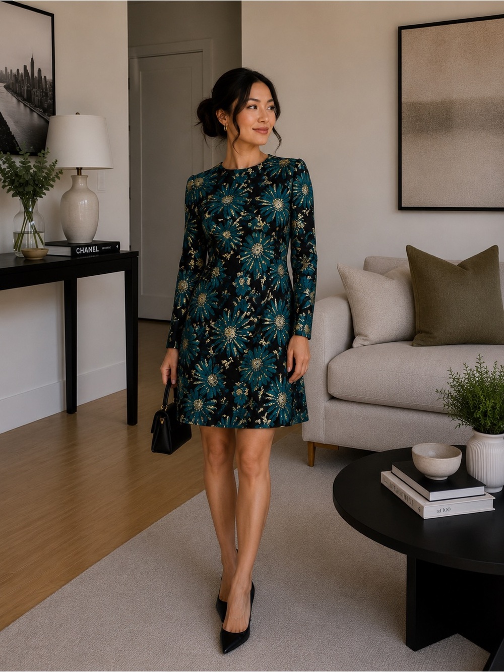 Trina Turk Teal and Gold Floral Long-Sleeve Dress